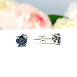 Teal Blue Moissanite Stud Earrings - 6mm lab grown peacock blue stone - Sterling silver settings