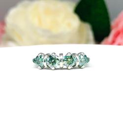 Round Sea Foam Green Moissanite Ring – 4 Stone Sterling Silver Band – Genuine Moissanites