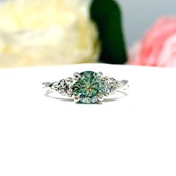 Sea Foam Green Moissanite 3 Stone Ring – Sterling Silver Milgrain Twist Band – White Moissanite Accents