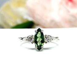 Green Tourmaline Marquise Ring Size 6 – Moissanite Accents, Sterling SilverTwist Milgrain Band