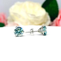 Blue Moissanite Stud Earrings – 14k Gold – Round Martini Setting – Authentic Stones