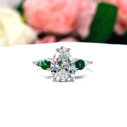 Pear Cubic Zirconia Emerald Engagement Ring – 10x7mm, Sterling Silver, Size 7