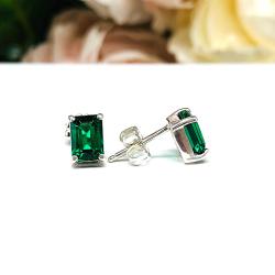 Emerald Cut Lab Emerald Stud Earrings – 7x5mm, Sterling Silver