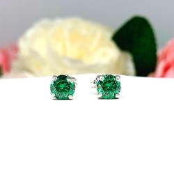 Emerald Green Moissanite Stud Earrings – Round Cut in 4 Size Options – Sterling Silver Settings