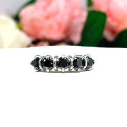 Black Moissanite 5 Stone Ring – 4mm Round Cut – Sterling Silver Setting