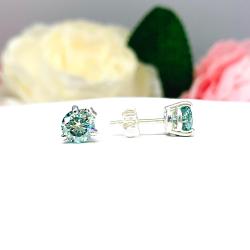 Blue Moissanite Stud Earrings – Round Cut – Basket Martini Style – Sterling Silver Settings
