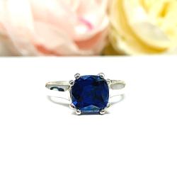 Cushion Lab Sapphire Ring - Double Prong Cathedral - 8mm Sterling Silver Solitaire