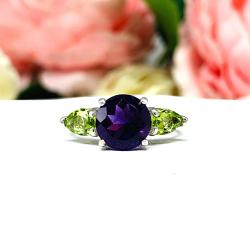 African Amethyst & Peridot 3-Stone Ring – 8mm Round, Pear Side Stones, Sterling Silver
