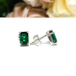 Emerald Cut Lab Emerald Stud Earrings - Sterling Silver Settings -  May birthstone gift