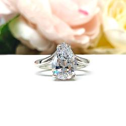 Pear CZ Engagement Ring - Curved Sterling Silver Band - 3 Stone Size Options – Elegant & Affordable Bridal Jewelry
