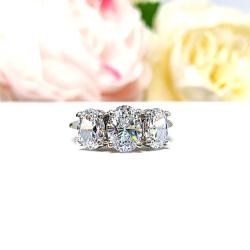 Oval CZ 3 Stone Engagement Ring - Low Profile Sterling Silver Setting