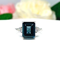 London Blue Topaz Emerald Ring – 8x6mm-10x8mm, Moissanite Accents, Sterling Silver, Twist Milgrain Band