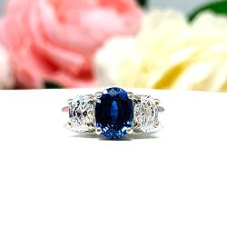 Lab Blue Sapphire Oval 3-Stone Ring – 8x6mm, CZ Side Stones, Sterling Silver