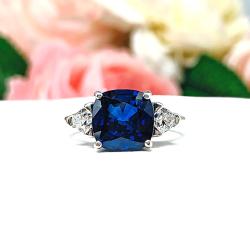 Lab Blue Sapphire Cushion & CZ Trillion Ring – 8mm-10mm, Sterling Silver