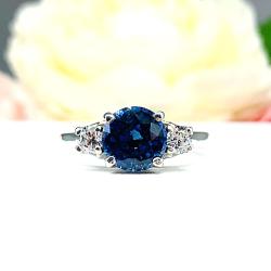 Lab Blue Sapphire & CZ Ring – 8mm Round, Sterling Silver