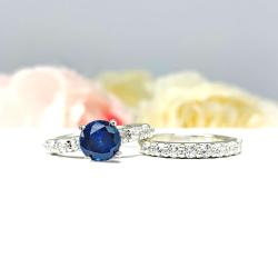 Lab Blue Sapphire Round Wedding Set – CZ Pave Accents, 6.5mm-8mm, Sterling Silver