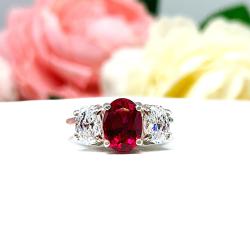 Lab Ruby Oval 3-Stone Ring – 8x6mm, CZ Side Stones, Sterling Silver