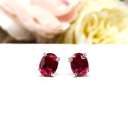 Oval Lab Ruby Stud Earrings – 8x6mm, Sterling Silver