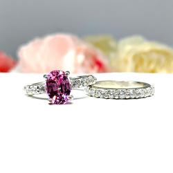 Lab Pink Sapphire Oval CZ Pave Bridal Ring Set – 8x6mm-9x7mm, Sterling Silver