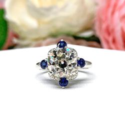 Art Deco CZ & Lab Blue Sapphire Engagement Ring – 7mm-9mm, Round Brilliant, Old European Cut, Sterling Silver