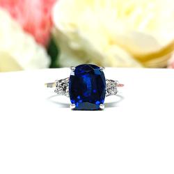 Lab Blue Sapphire Elongated Cushion Ring– CZ Accents, 10x8mm, Sterling Silver