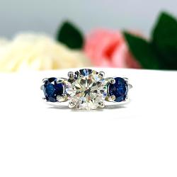 Round CZ & Lab Blue Sapphire 3-Stone Engagement Ring – 8mm, Sterling Silver, Tulip Design