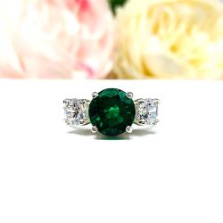 Round Lab Emerald 3-Stone Ring – CZ Side Stones, 6mm-9mm, Sterling Silver