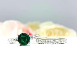 Lab Emerald Round CZ Pave Bridal Ring Set – 6.5mm-8mm, Sterling Silver