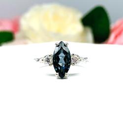 London Blue Topaz Marquise Ring – 10x5mm-14x7mm, Moissanite Accents, Sterling Silver, Twist Milgrain Band