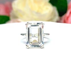White Topaz Emerald Cut Ring – Natural 14x10mm Gemstone, Sterling Silver Statement