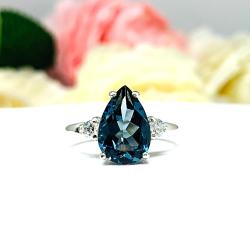 London Blue Topaz Pear Ring – 10x7mm, 12x8mm, Moissanite Accents, Sterling Silver