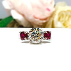 Round CZ & Lab Ruby 3-Stone Engagement Ring – 6mm-9mm, Sterling Silver