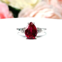 Lab Ruby Pear Ring – Round CZ Accents, 10x7mm, 12x8mm, Sterling Silver