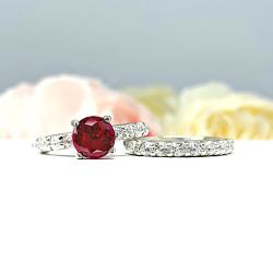 Lab Ruby Round Wedding Set – CZ Pave Accents, 6.5mm-8mm, Sterling Silver