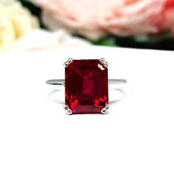 Lab Ruby Emerald Cut Ring – 10x8mm-12x10mm, Sterling Silver