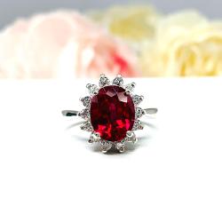 Lab Ruby Oval Halo Ring – 8x6mm-10x8mm, Sterling Silver