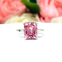 Lab Padparadscha Sapphire Emerald Ring Size 6 – 10x8mm, Sterling Silver