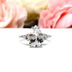 Lab White Sapphire Pear Engagement Ring – Round Accents, 10x7mm, 12x8mm, Sterling Silver