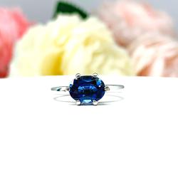 Lab Blue Sapphire Oval East West Horizontal Set Ring – 7x5mm-9x7mm, Sterling Silver