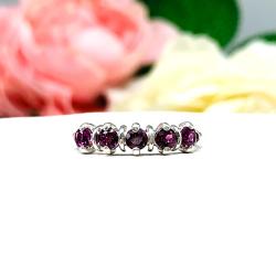 Round-Cut Wine Color Garnet 5-Stone Ring • 3mm,  Sterling Silver, Size 6