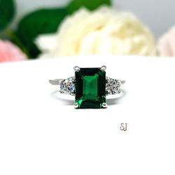 Emerald‑Cut Lab Emerald & CZ 3‑Stone Ring • 9x7mm, Sterling Silver
