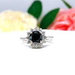 Round-Cut Black Moissanite Halo Engagement Ring • 6.5mm Center, Sterling Silver, Size 6