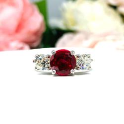 Round-Cut Lab Ruby & CZ 3-Stone Ring • 6mm—9mm, Sterling Silver