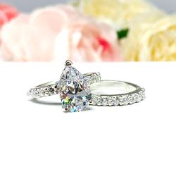 Pear Cubic Zirconia Pave Bridal Ring Set – 9x6mm-12x8mm, Sterling Silver