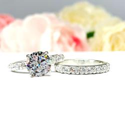 Round Cubic Zirconia Pave Bridal Ring Set – 6.5mm-8mm, Sterling Silver