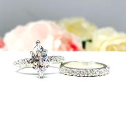 Marquise Cubic Zirconia Pave Bridal Ring Set – 10x5mm-14x7mm, Sterling Silver