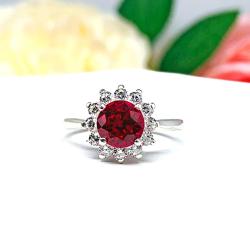 Round-Cut Lab Ruby & CZ Halo Ring • 6.5mm Center, Sterling Silver, Size 6