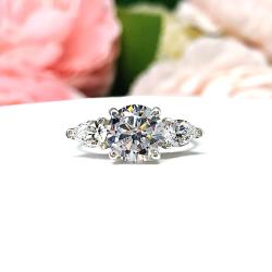 Round Cubic Zirconia 3-Stone Ring – 8mm, 10mm Center, Pear Sides, Sterling Silver