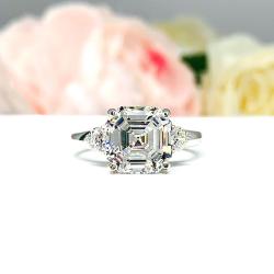 Asscher Cubic Zirconia 3-Stone Ring – 8mm-11mm, Round Accents, Sterling Silver