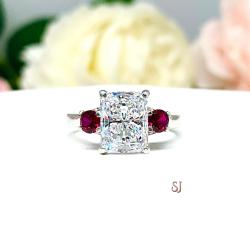 Radiant Cubic Zirconia Engagement Ring Size 7 – 9x7mm, Lab Ruby Accents, Sterling Silver